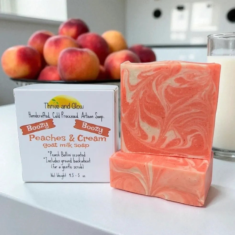 Boozy Peaches & Cream goat milk soap (peach balling scented, with ground buckwheat)